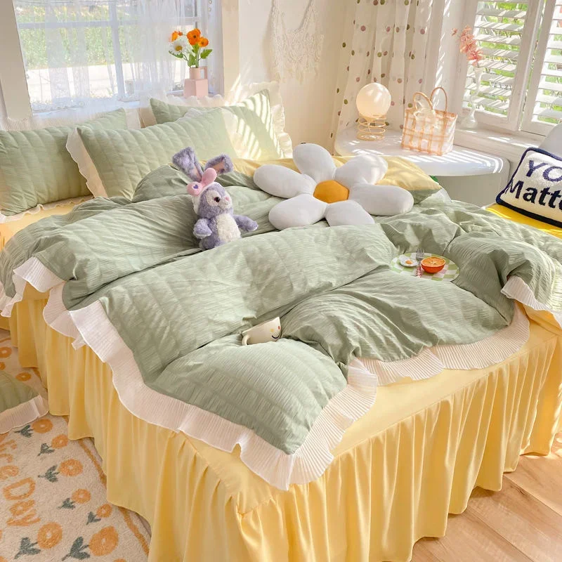 

Korean Seersucker Bedding Set Princess Girls Quilt Cover Lace Ruffles Bed Skirt Sheet Luxury Solid Color Bedclothes Decor Home