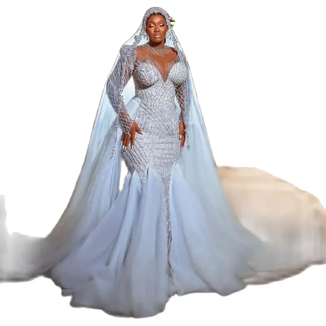 Angepasst Luxus Meerjungfrau Brautkleider Schwarze Mädchen Illusion Jewel Neck Kristall Perlen Rüschen Zug Braut Kleider Vestidos De