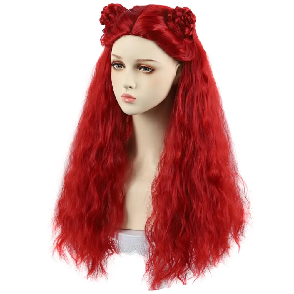 Idea for Movie Anime Cos, Perruque Bouclée Rouge Longue avec Buns Tressés pour Femmes, Bol et Enfants, Convient à Tous, Résistant à la Chaleur à la Réutilisation