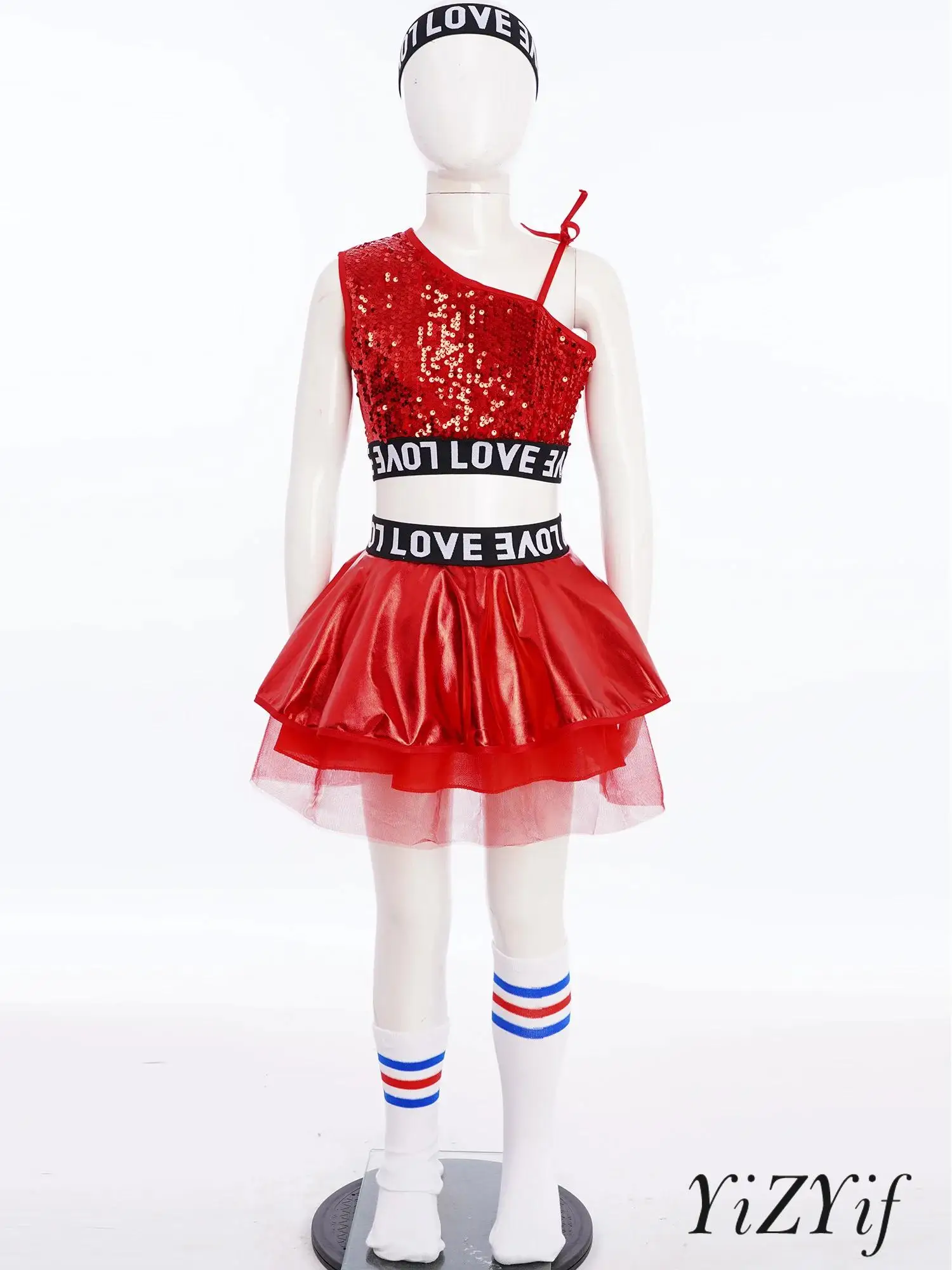 

Kids Girls Jazz Performance Set Glitter Sleeveless Top with Metallic Skirt And Hairband Striped Socks for Dance Competition
