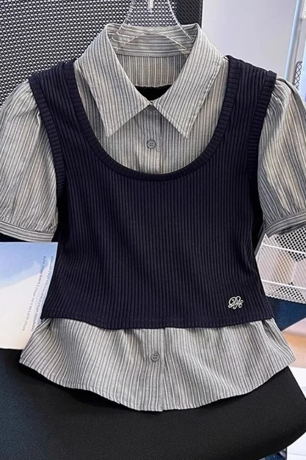 

Summer collegiate bubble sleeve striped shirt women's spliced knit vest fake two-piece short-sleeved top embroidered t-shirt