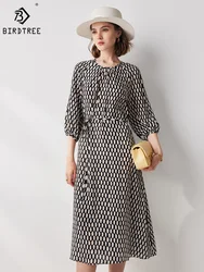 Birdtree 6A 100%Mulberry Silk Elegant Dresses Women Plaid Printed Loose O Neck Commuting Dress Vacation Summer Autumn D38547QM