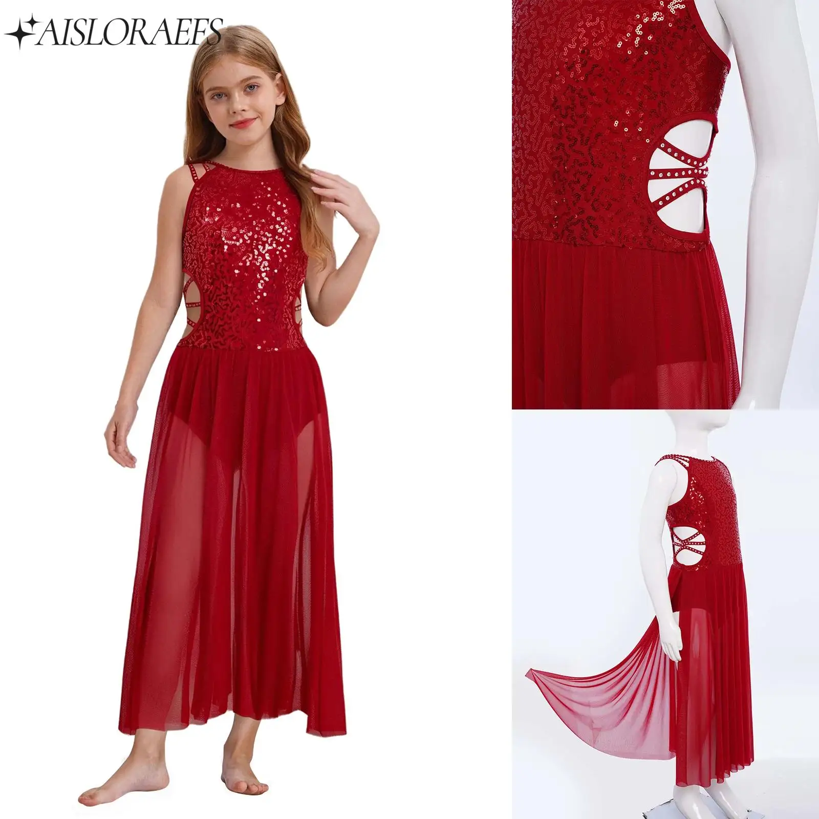

Kids Girl Sequins Lyrical Dance Costume Rhinestones Strappy Cutout Waist Bodice Side Split Mesh Dress for Stage Show Performance