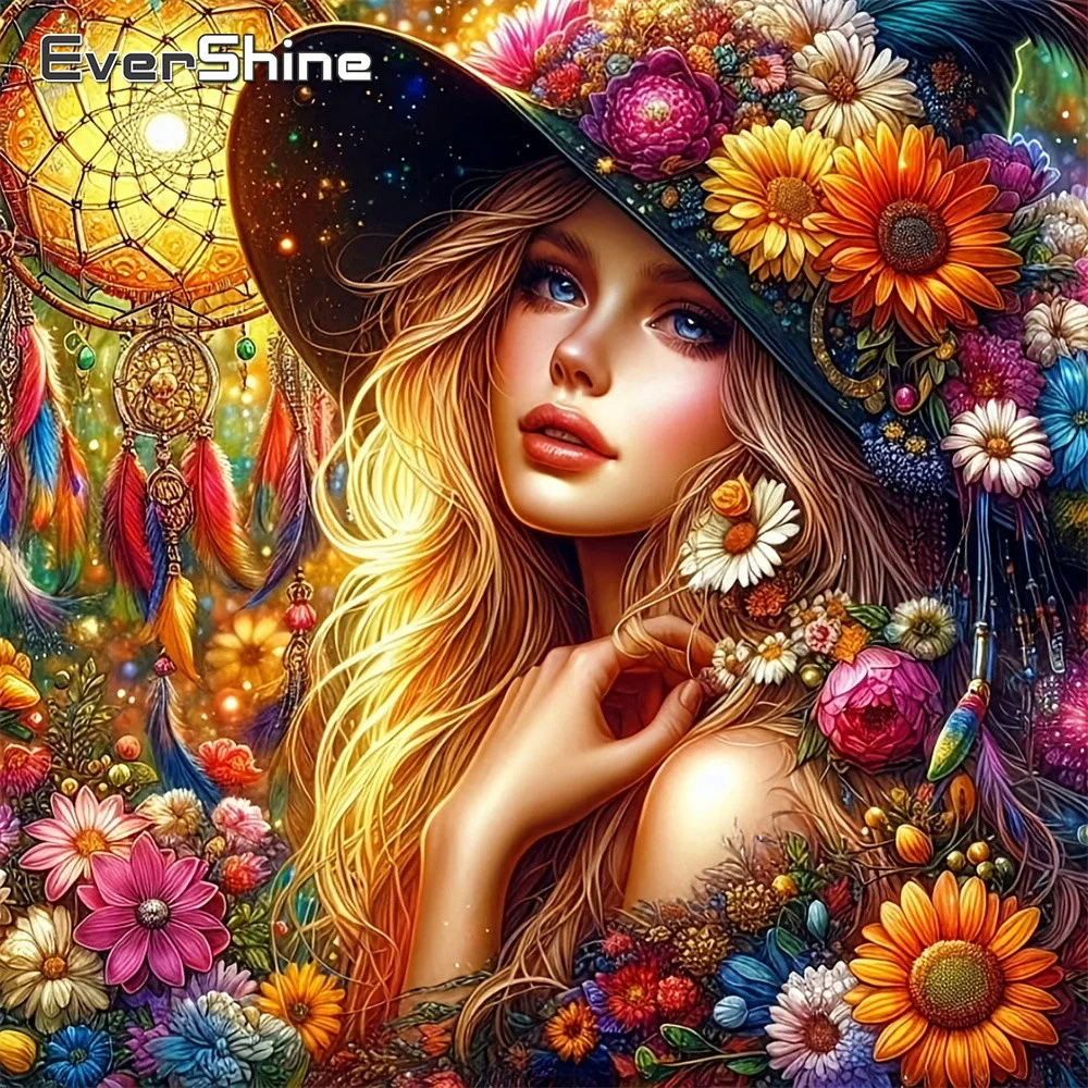 EverShine Diamant-Mosaik Mädchenporträt Vollquadrat-Gemälde Traumfänger Strass-Bild Stickerei Blumen Handgemachtes Geschenk