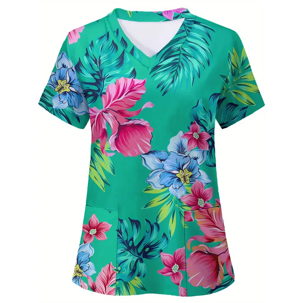 여성 간호사 유니폼 꽃무늬 3D 프린트 탑스 브이넥 포켓 의료 유니폼 간호 스크럽 탑스 작업복 유니폼 엔페르메라