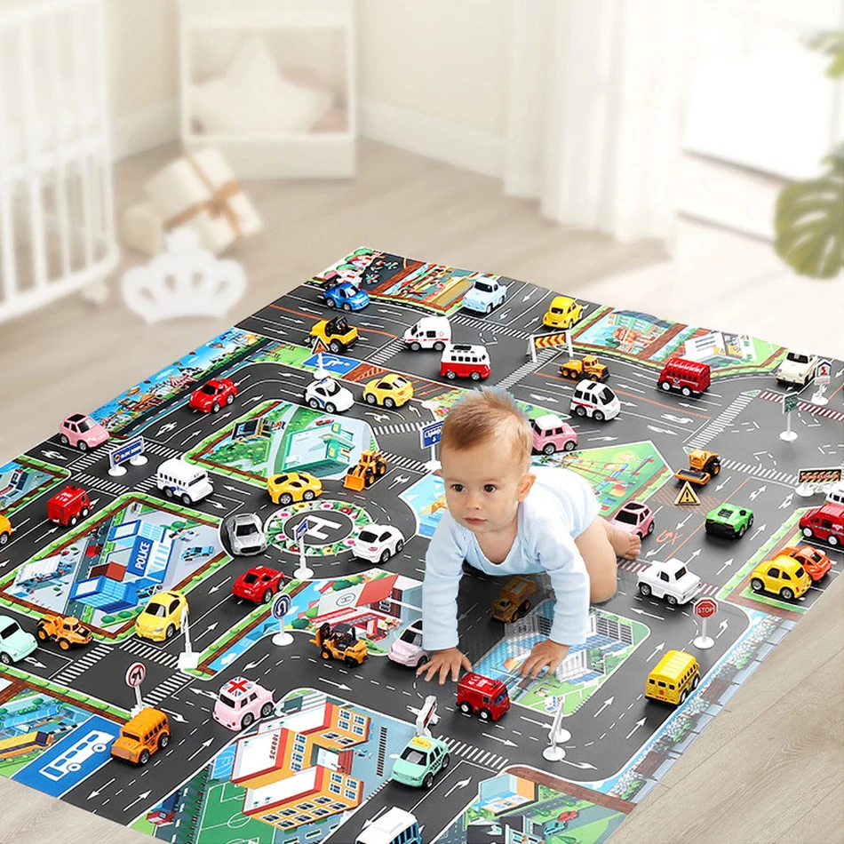 Tapis de circulation de ville pour bébés, 6 jouets, voitures, cadeaux de noël, d\'anniversaire, tapis de jeu éducatif