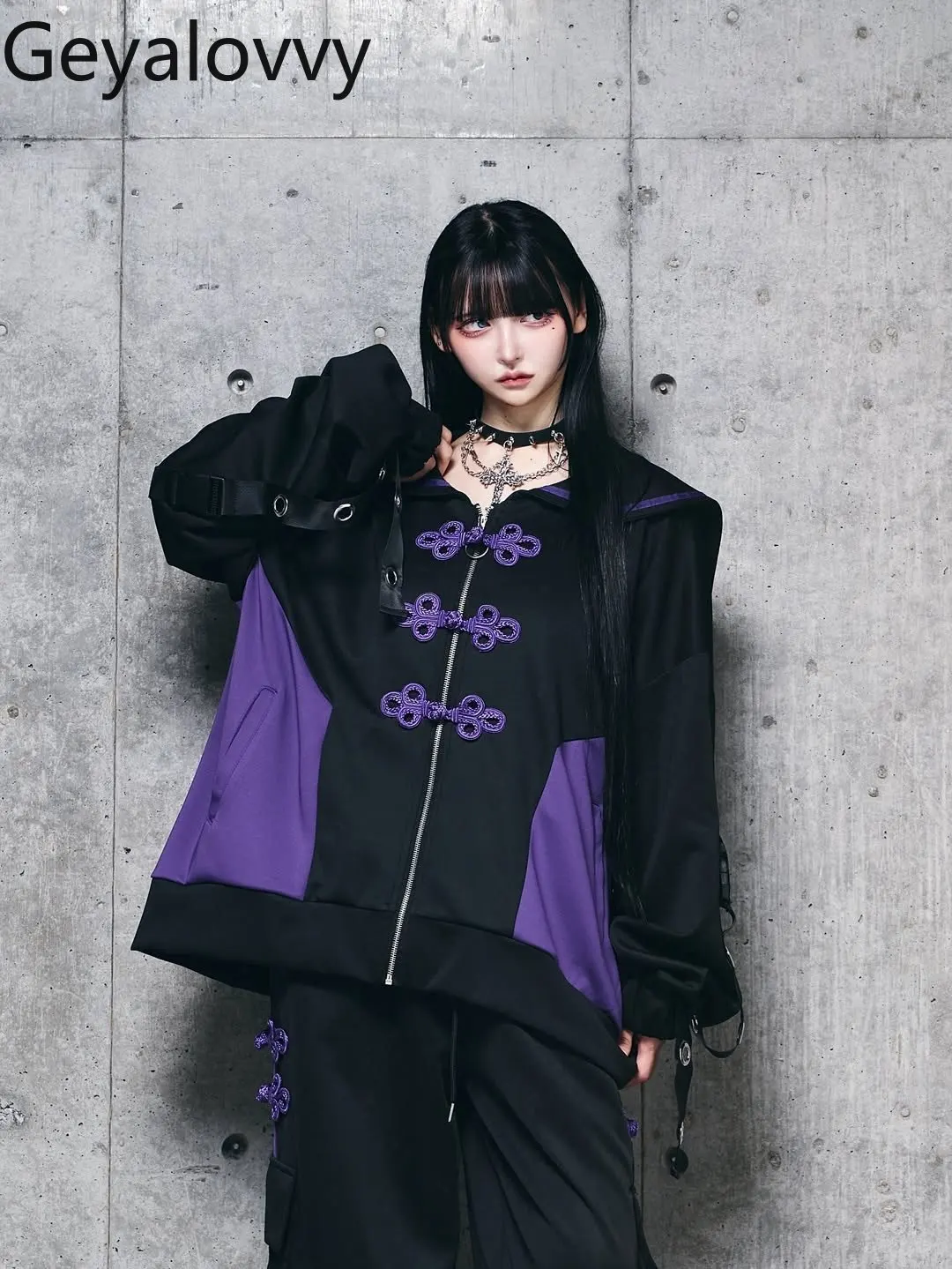 

Japanese Harajuku Style Subculture Chinese Button Navy Collar Loose Jacket Sweet Girls Versatile Color Block Long Sleeve Coat