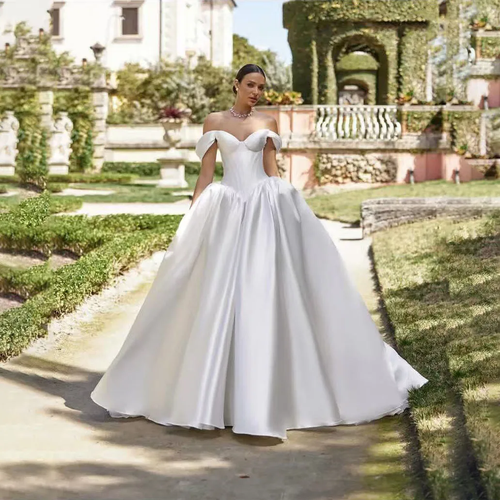 

Romantic White Bridal Dress with Train Satin Off Shoulder Long Wedding Dress Custom Made Gorgeous Sweetheart Bride Dresses