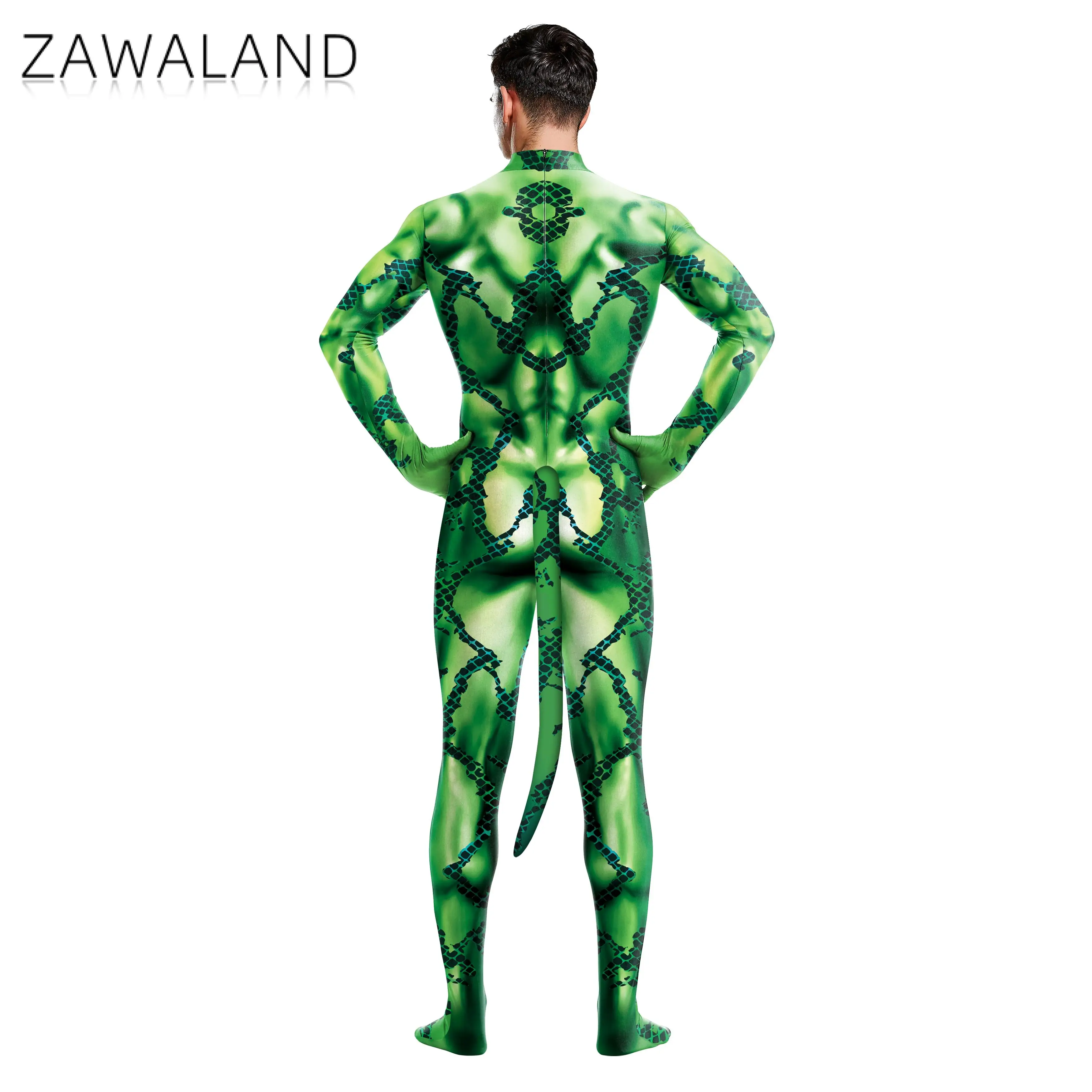 Zawaland Creative Cosplay Costumes 3D Snake Animal Printed Petsuit Full Cover Bodysuits Zentai Suit with Tail Jumpsuits Catsuits