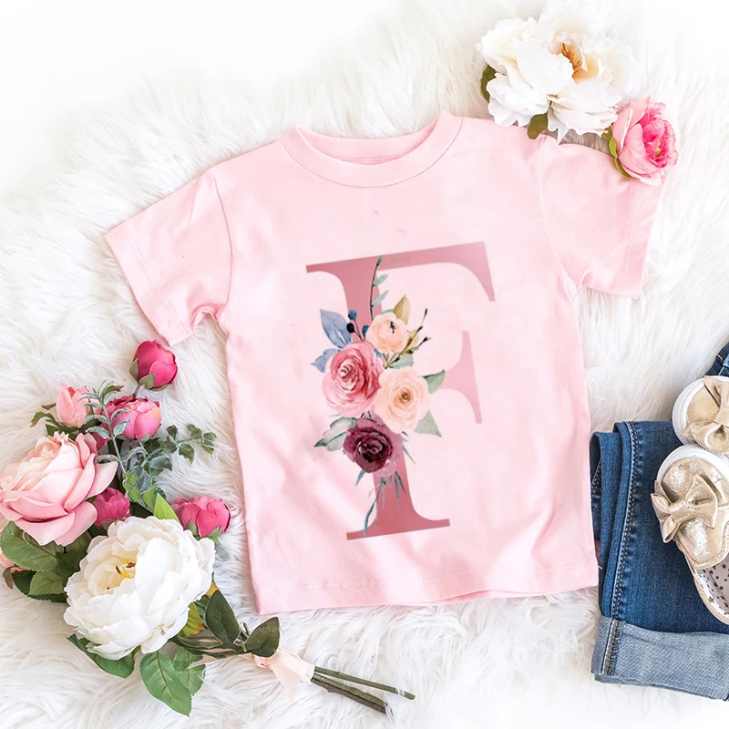 New Pink Flower Letter A B C D Children T-shirt Kawaii T Shirt Anime Cartoons Casual Clothes Kid Girl Boy Short Sleeve Top Tee