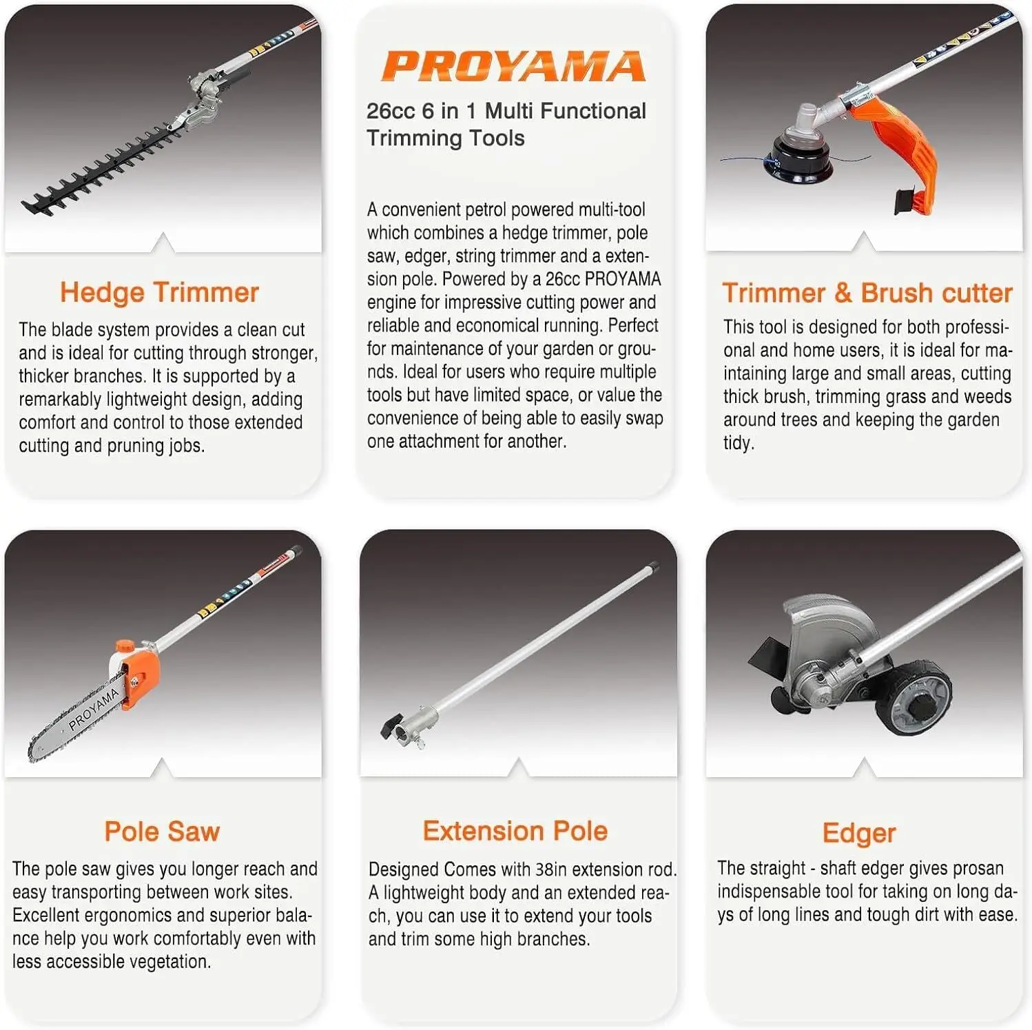 Proyama 26Cc 6 In 1 Multi Functional Trimming Tools, Gas Hedge Trimmer, Weed Eater, String Trimmer, Brush Cutter, Edger, Pole