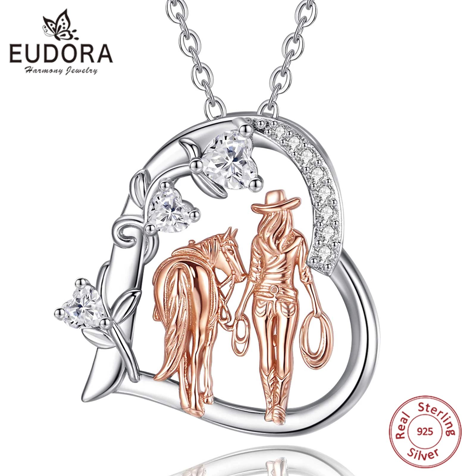 

Eudora стерлингового серебра 925 пробы, ожерелье с изображением лошади и девушки, простое сердце, кулон с кубическим цирконием, ювелирные изделия в виде животных, праздничный подарок для женщин и мамы