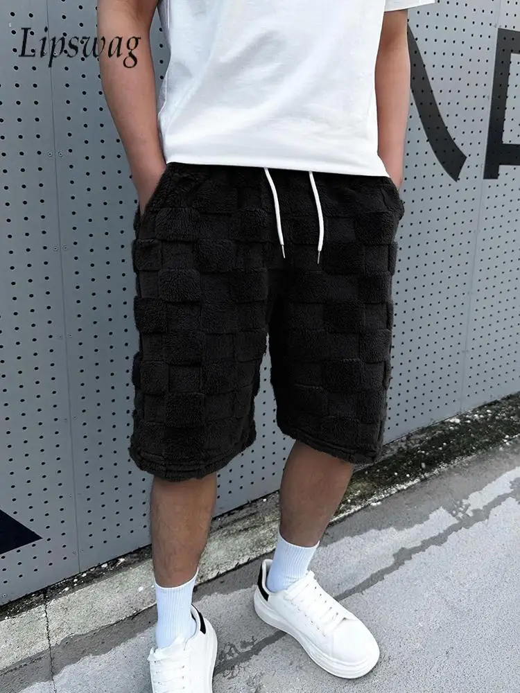 

Stylish Drawstring Loose Fleece Short Pant Mens Daily Casual Solid Color Plaid Jacquard Men Shorts Spring Fashion Fleece Shorts