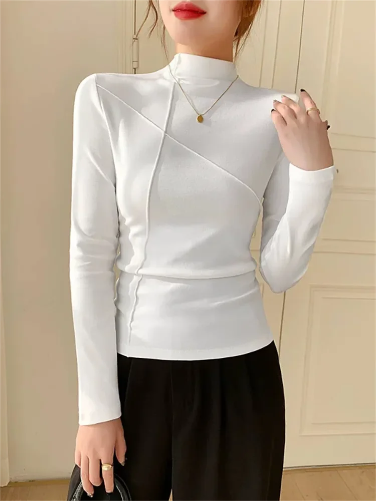 عالية الرقبة قاعدة التي شيرت المرأة بلوزة تي شيرت كم طويل سليم الراقية قمة الخريف الشتاء عادية أنثى تي شيرت بلون تيز #4