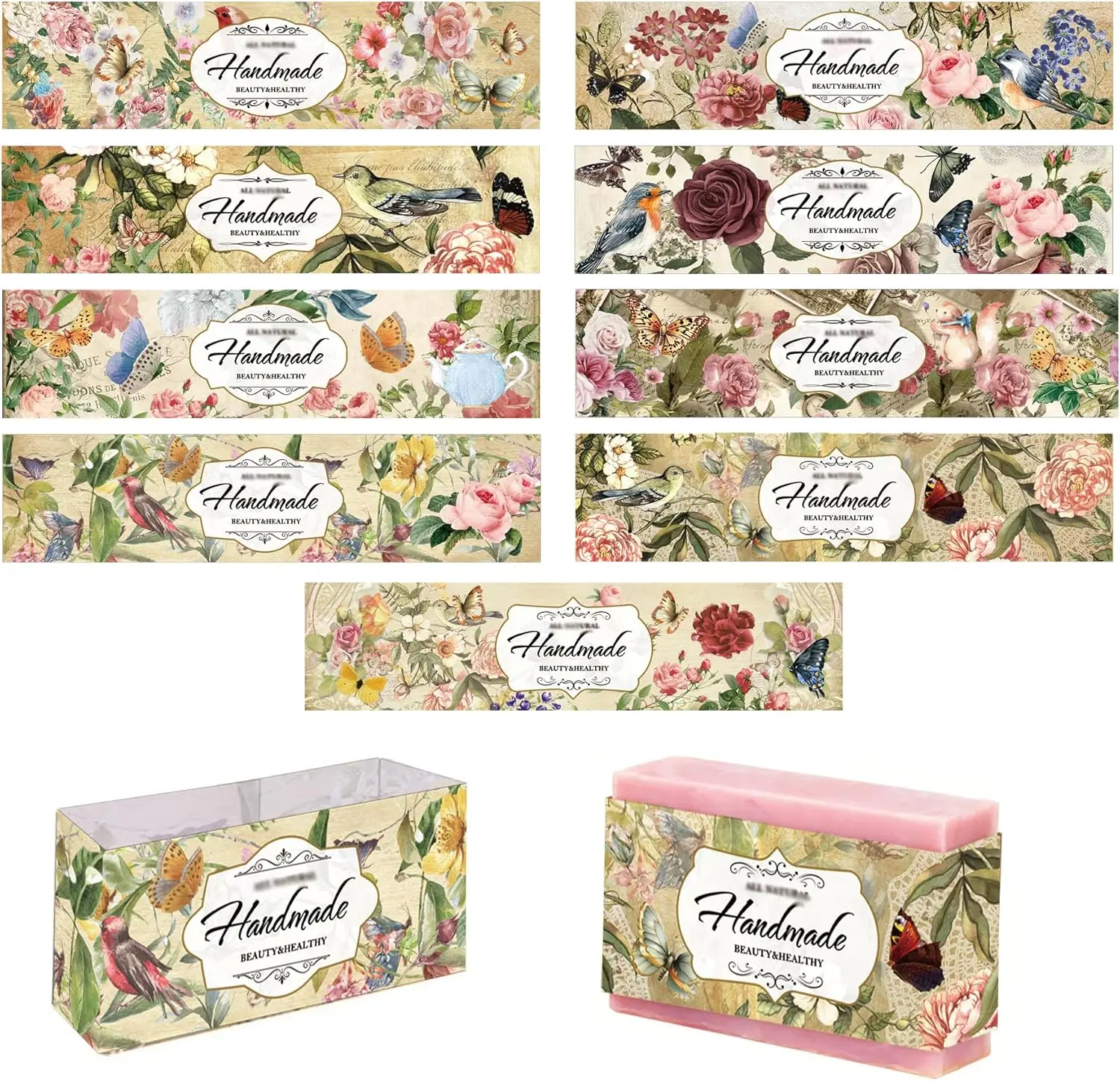 

Remerabel 90 Pcs Vertical Handmade Soap Wrapping Packaging Paper Covers 8.26 x 1.96 inch Watercolor Retro Flower Design DIY Soap