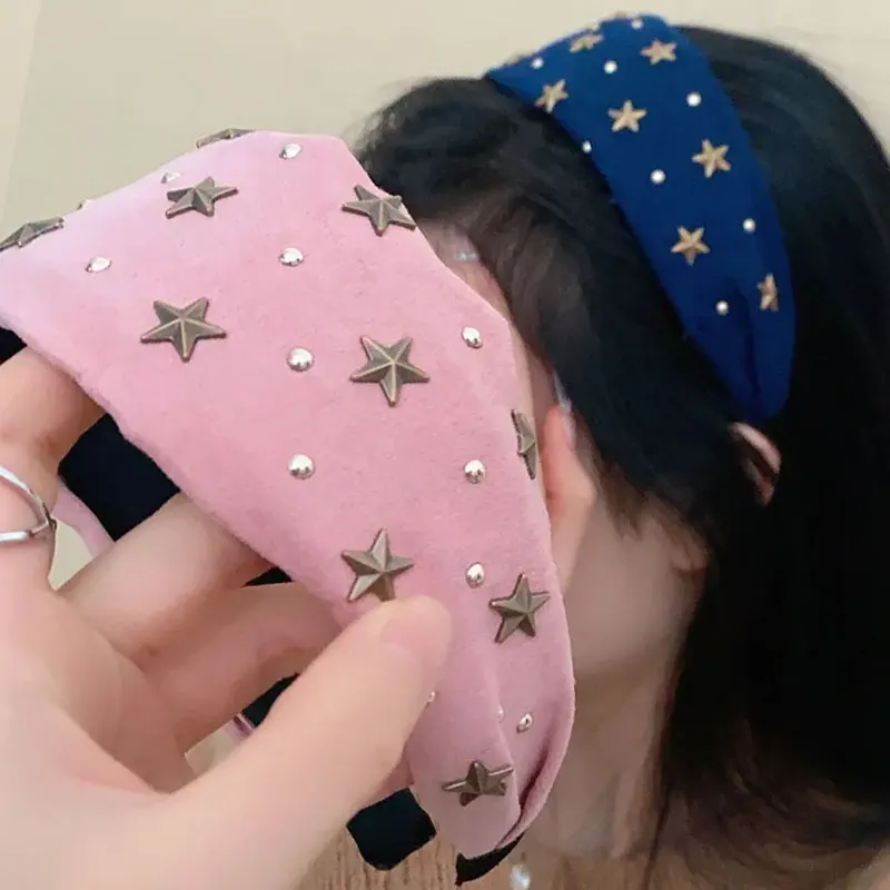 

Милая повязка на голову с широкими краями и заклепками в виде звезды Y2K, повязка для мытья лица с широкими краями, повязка для волос в Корейском стиле, обруч для волос в стиле ретро для женщин