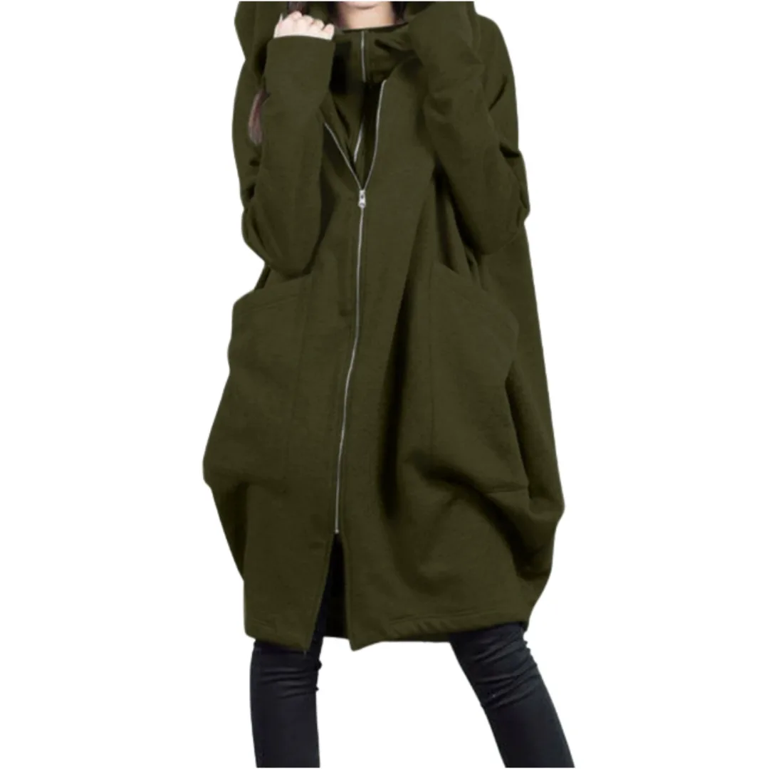 2025 New Mid Length Women's Jacket Hooded Zip Fake Two Piece Design Pocket Sweatshirt Style Outerwear