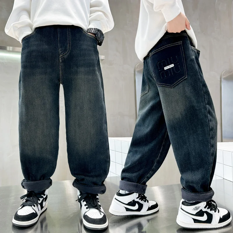 

Denim Pants Kids Straight Fit Jeans Retro Boys Winter Warm Jeans for Child