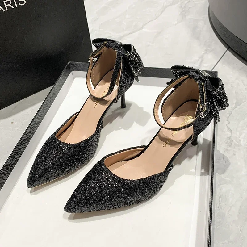 Sexy Big Butterfly Knot High Heel Pumps Elegant Women\'s Shoes Pointed Toe Luxury Bling Upper Dress Heels Women Wedding Shoes