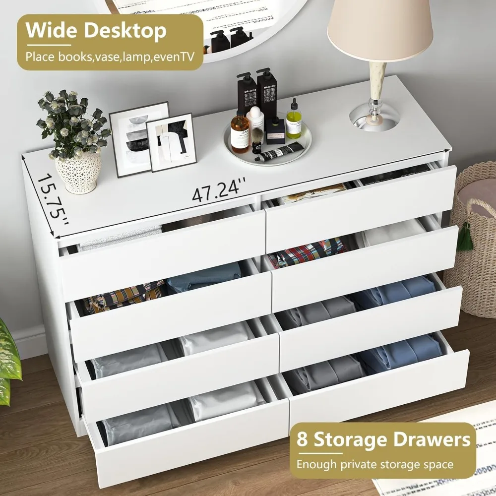 Contemporary Large 8-Drawer Bedroom Dresser with Ample Deep Storage for Wood Furniture