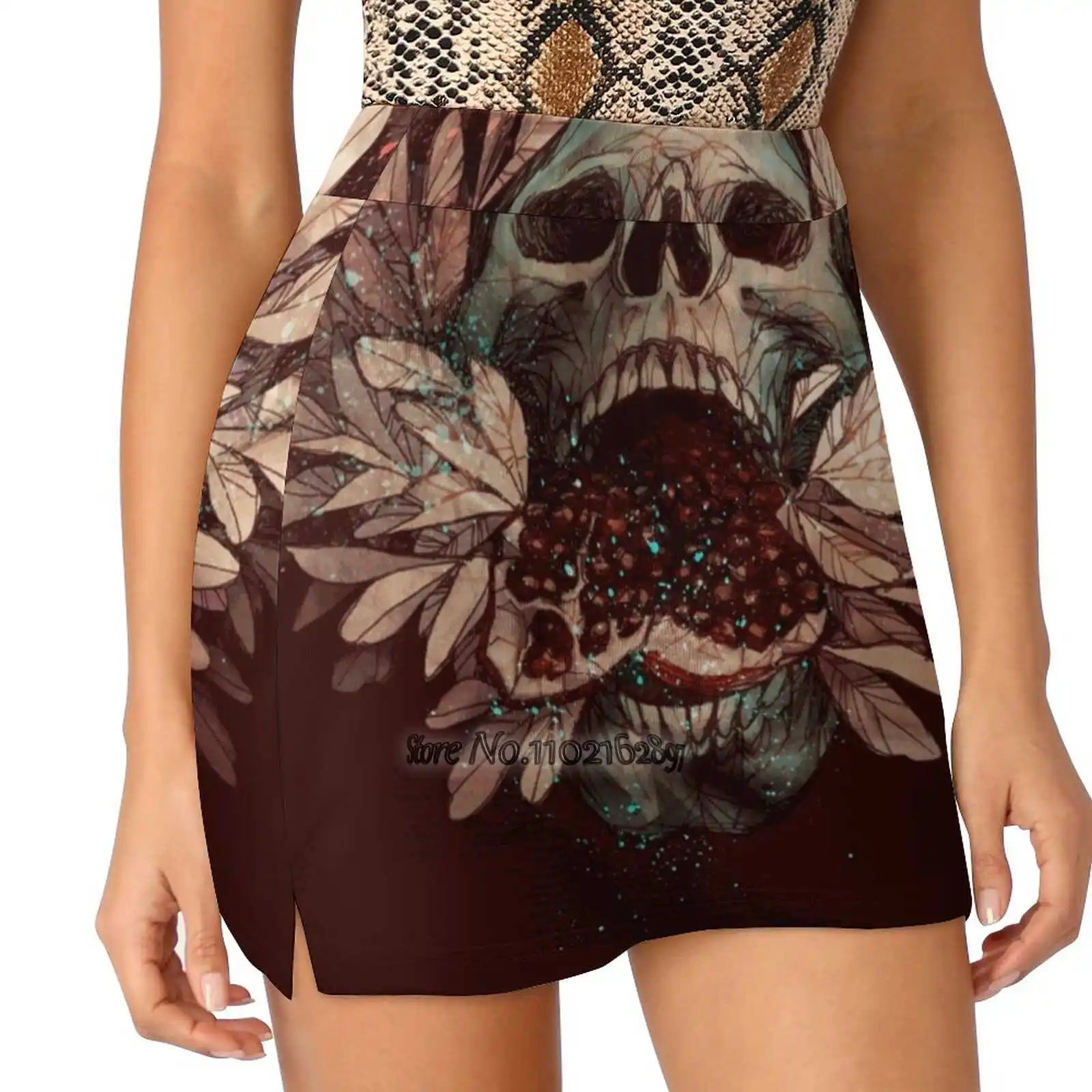 Persephone'S Garden Women Sports Lining Skirt Tennis Dance Fitness Short Printed Skirts Pomegranate Skull Leaves Bones Spooky