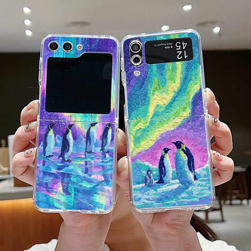 Creative Starry Sky Penguin Oil Painting Phone Case for Samsung Galaxy Z Flip 7 Flip 6 5 4 3 Folding Covers for Z Flip7 Flip5 5G