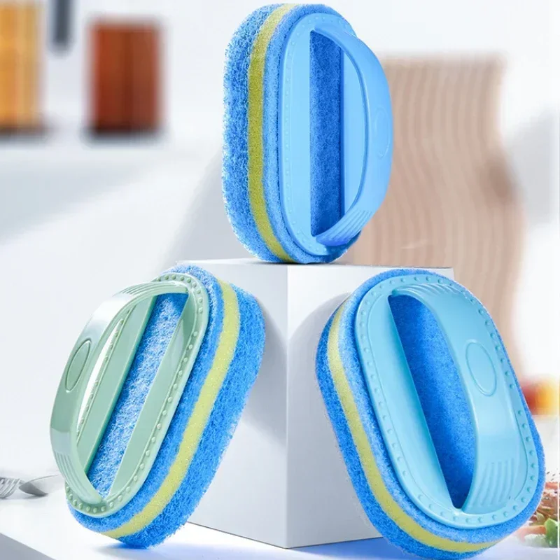 Sponge Cleaning Brush with Handle Thickened Stain Removing Clean Brush Pot Tile Kitchen Toilet Bathroom Cleaning Sponge Wipe