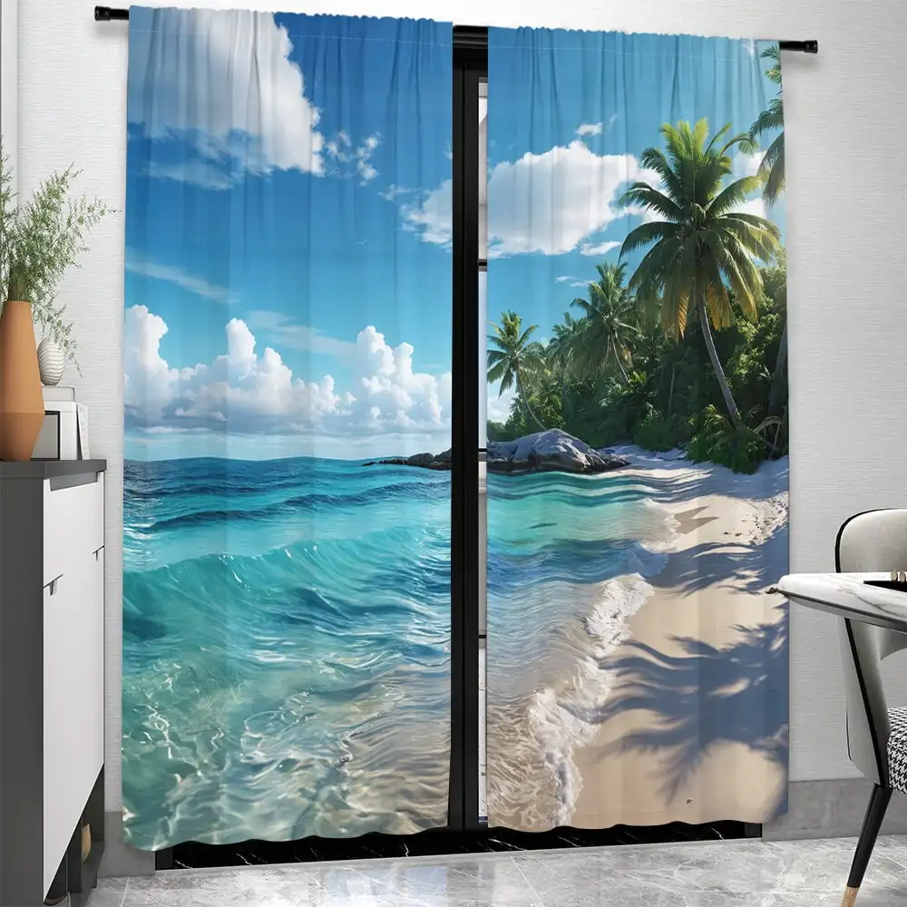 

2pcs Curtains Peach Skin Polyester Island Scenery Blue Sea Sky Beach Print Light Filtering Living Room Bedroom Office Decor