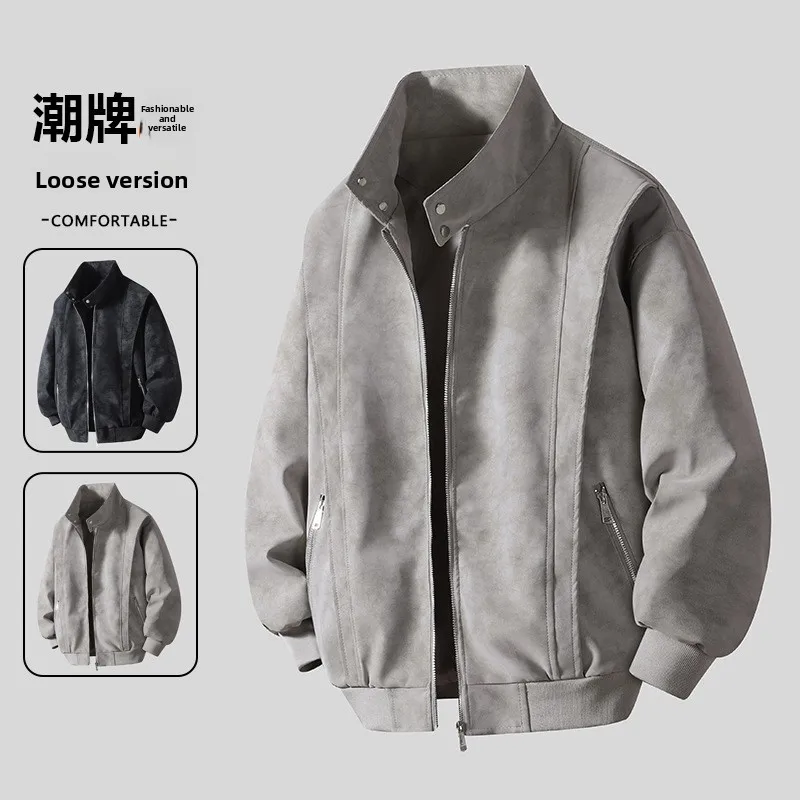 

2025 New Men's Leather Jaet Casual Sle Youth Faion Slim Fit Long Sve Stand Collar Light Corduroy Outerwear