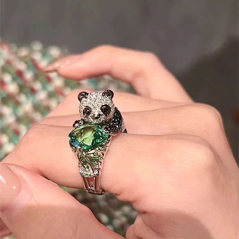 

Small Fresh Color Matching Fully Inlaid Zircon Cute and Funny Little Panda Ring Creative Chinese Style Advanced Sense Ring Gifts