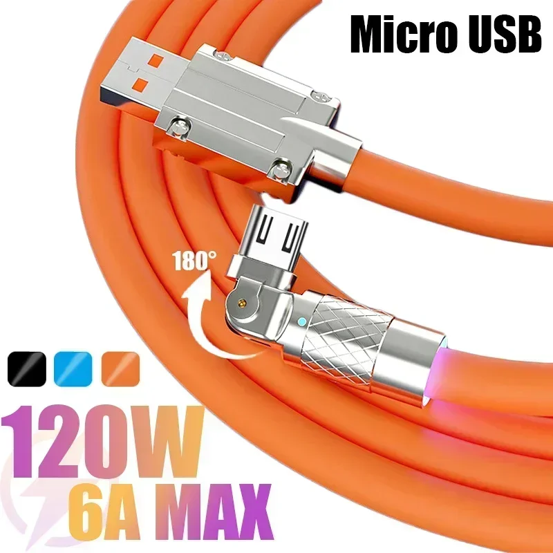 Unbreakable Zinc Alloy 120W 6A Fast Charging Data Cable Micro USB Wire Cord 180 Rotatable Android Phone Cables for Samsung