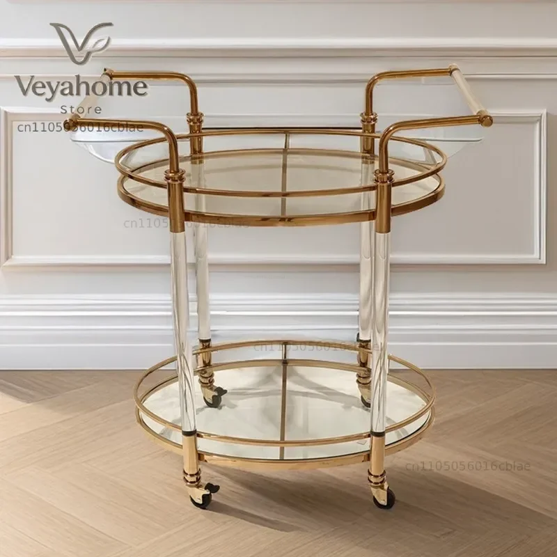 European double-layer acrylic wine cart hotel bar metal mobile rack cart light luxury stainless steel dining cart