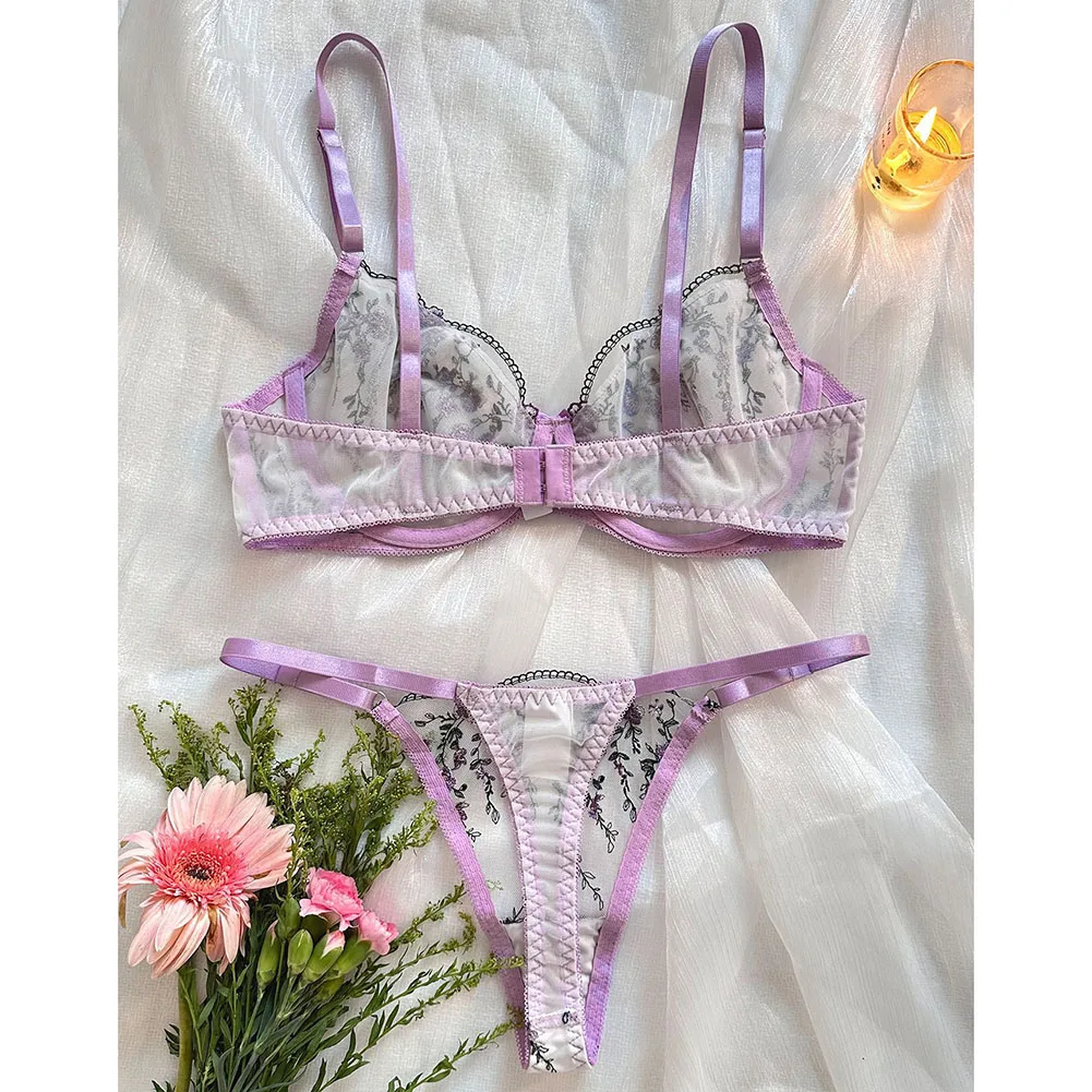 Sexy Women Ultra Thin Gauze Perspective Bra Thongs Lace Floral Embroidery Exotic Sets Breathable See Through Intimate Suit