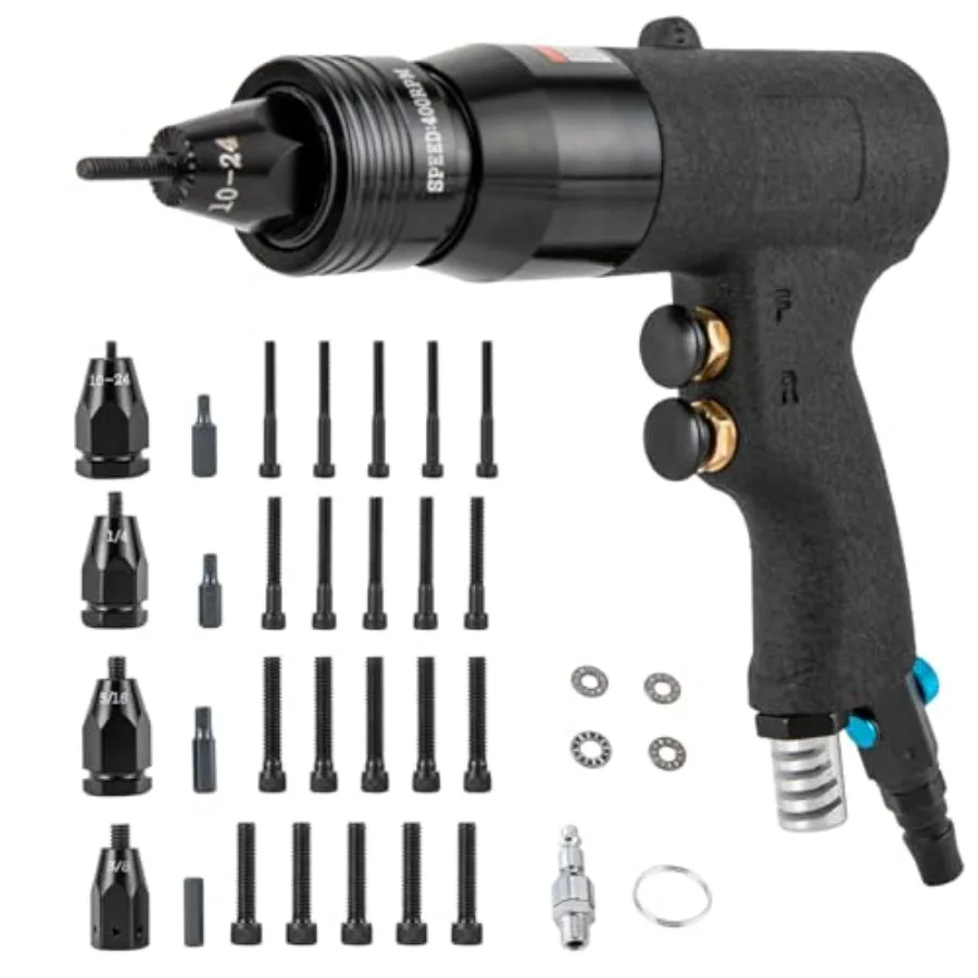 

Pneumatic Rivet Nut Gun 10-24", 1/4", 5/16", 3/8" Gun Heads Air Rivet Nut Pull Setter Tool Quick-Change Nose-Piece Assembly 20