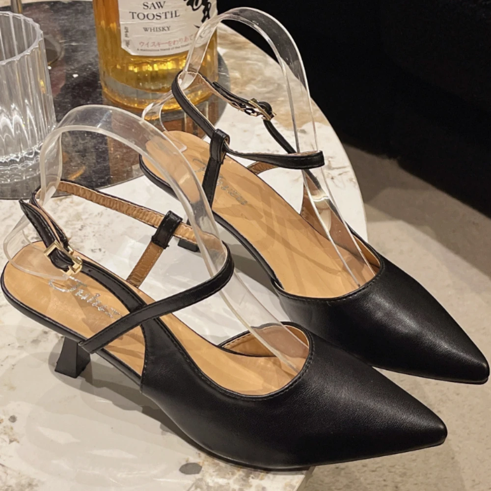 

Женские квадратные туфли с острым носком, удобные повседневные кожаные туфли на высоком каблуке из искусственной кожи на низком каблуке, сандалии с пряжкой и ремешком