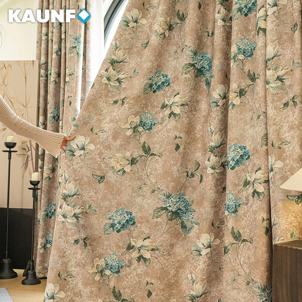 Vintage Hydrangea Floral Print Curtains for Living Room Bedroom Beige Retro French Country 70% Blackout Window Drapes 1PC