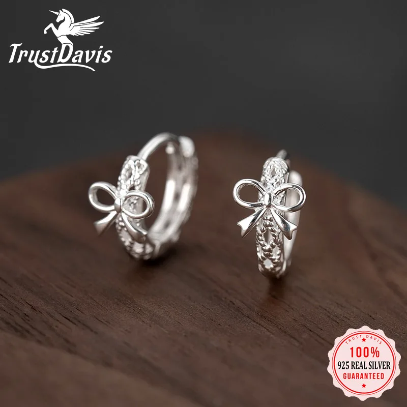 

TrustDavis 925 Sterling Silver Filigree Bow Huggie Earrings Minimalist Dainty Elegant Cute Delicate Versatile Jewelry DS3951