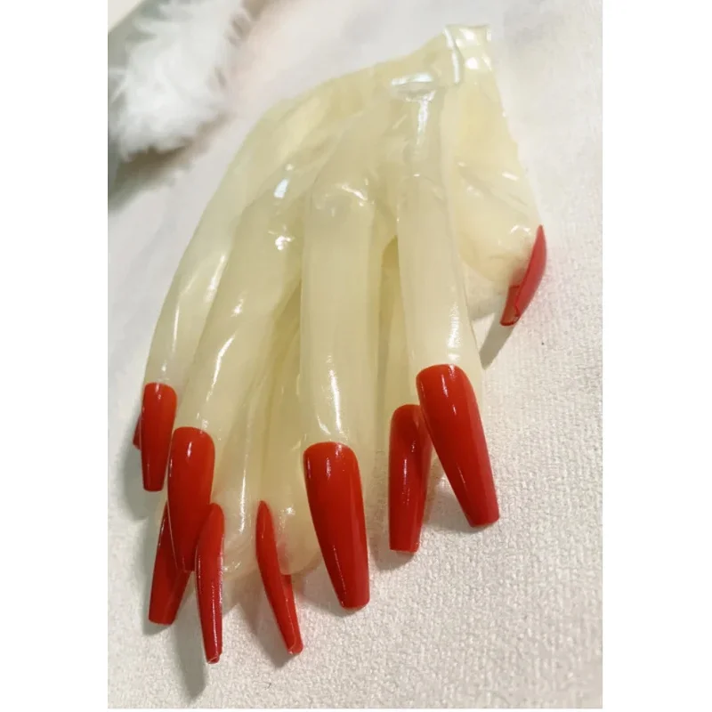 Crossdress Мужской Женский Масло Блестящие Прозрачные Супер Тонкие Латексные Зентаи Длинные Красные Плоские Ногти Фетиш Прозрачные Косплей Перчатки Кигуруми