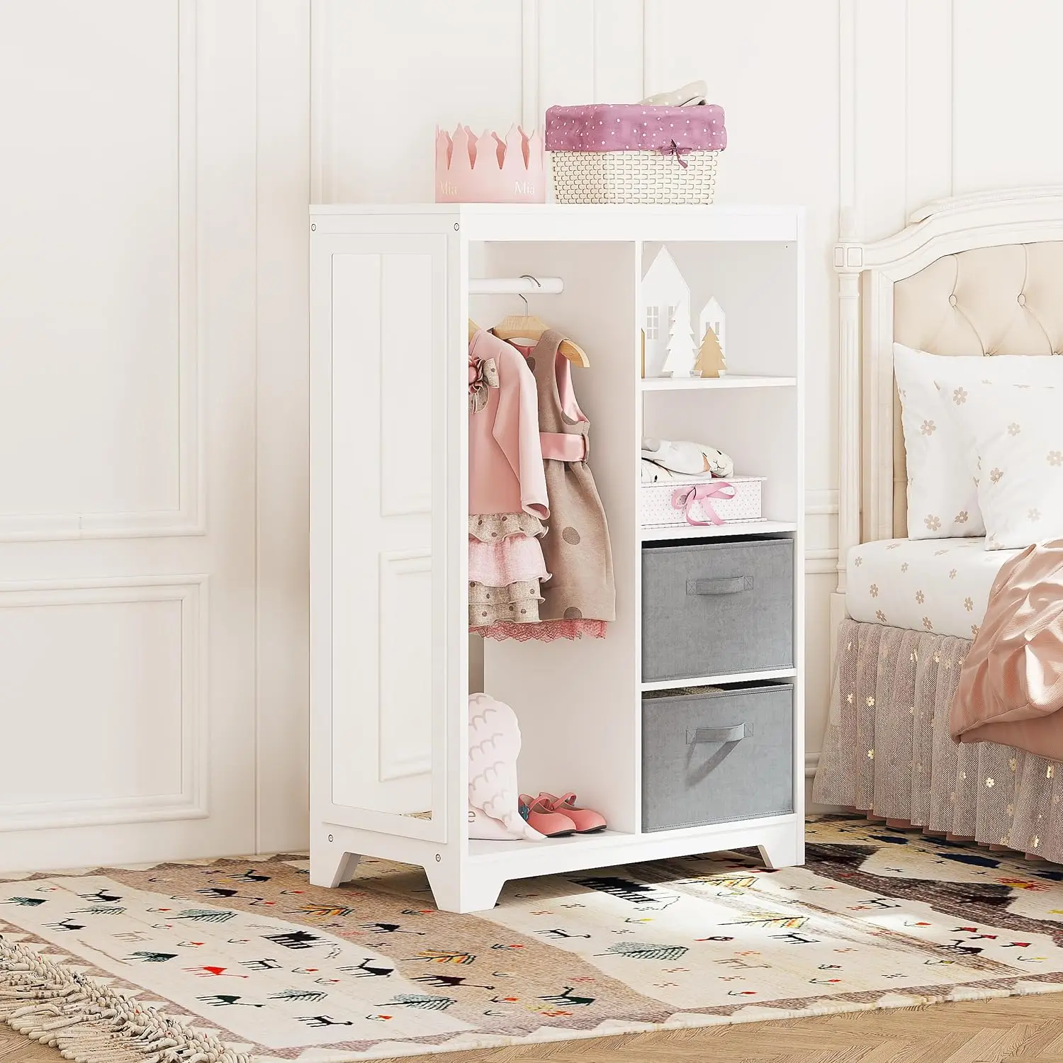 Kids Dress Up Storage with Full Length Mirror, Kids Armoire with 2 Storage Bins, Opening Hanging Costume Closet Wardrobe