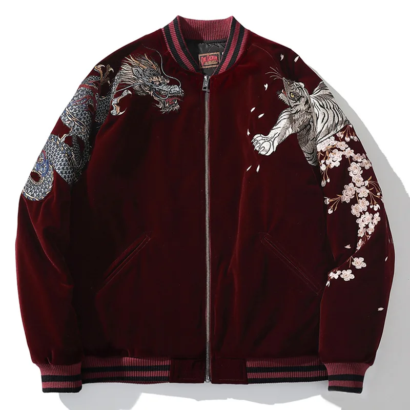 Thicken Bomber Jacket Men Dragon Phoenix Animal Embroided Jbaseball Ackets Winter Japanese Retro Outwear Warm Velvet Coat 2022