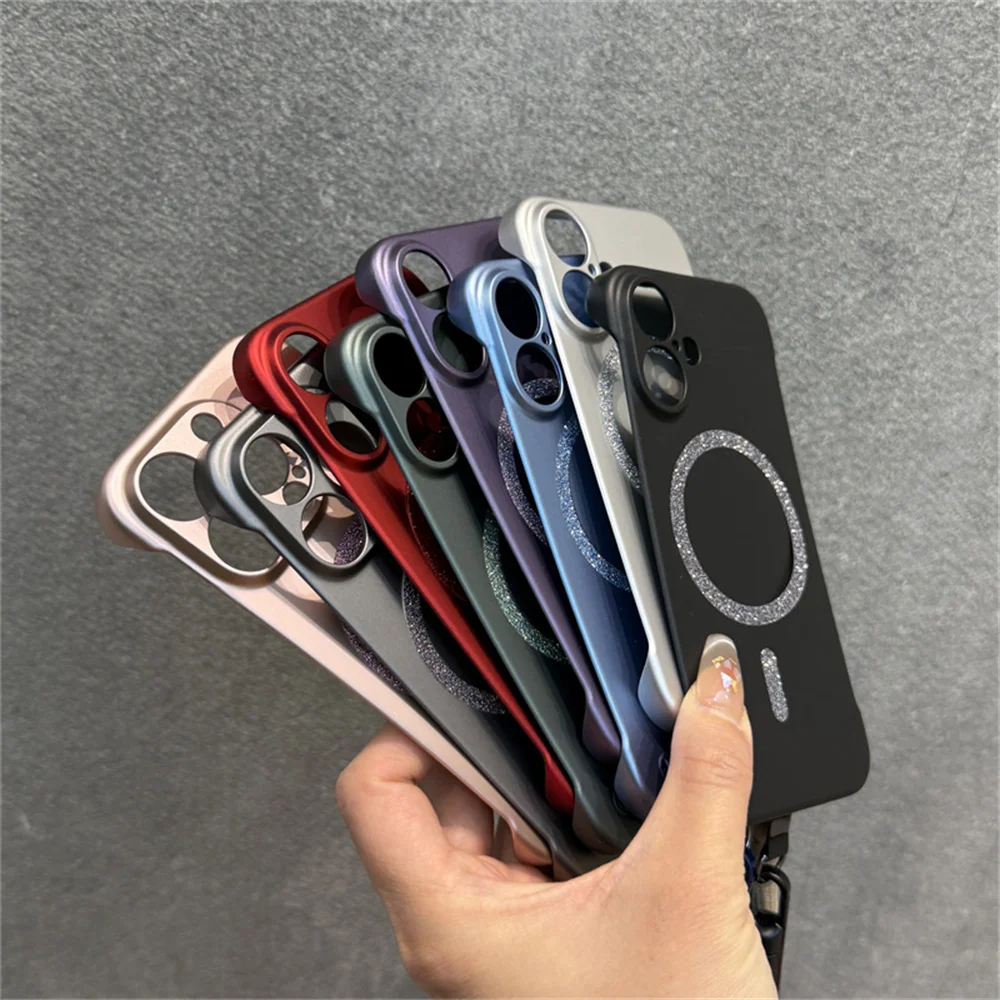 بريق ل Magsafe مع الحبل فرملس جراب هاتف آيفون 15 16 برو 14 13 12 11 X XR XS ماكس معدن اللون رقيقة درع غطاء