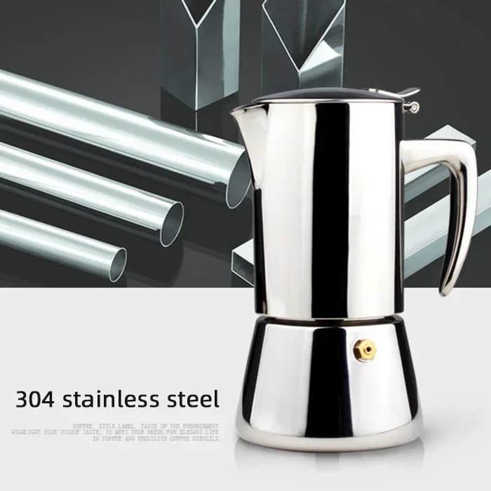 Stovetop Espresso Maker Italian Machine Coffee 6.8 Oz Moka Pot Sliver Luxurious Stainless Steel Copper Chrome Metal