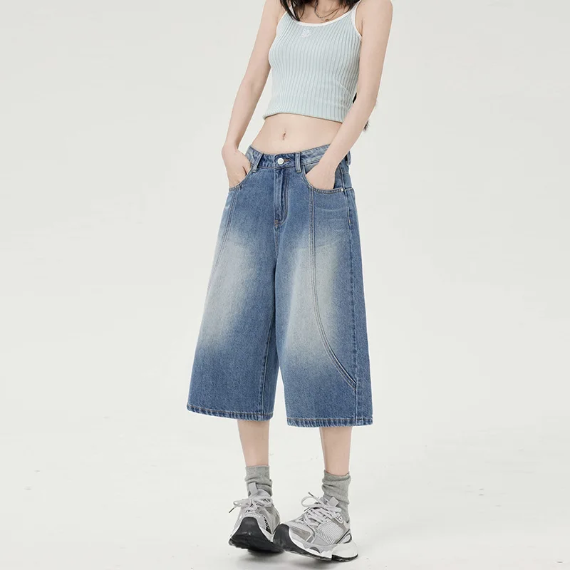 

2025 Summer's New Style of American Casual and Loose Wide-leg Jeans. Ladies' Washed Retro Blue Patchwork Denim Cropped Trousers
