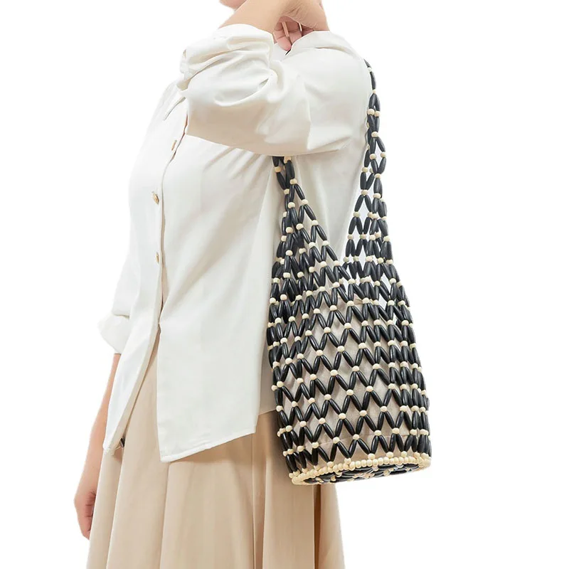 Wooden Bead Bag Hand-woven Summer Holiday Beach String Shoulder Bag Women Designer Handbags Luxury