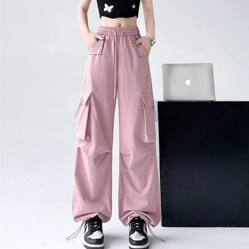 Y2K Loose Drawstring Cargo Pants Casual Pocket High Waist Solid Wide Leg Fashion Comfy Trousers Pink Black White Women Clothing