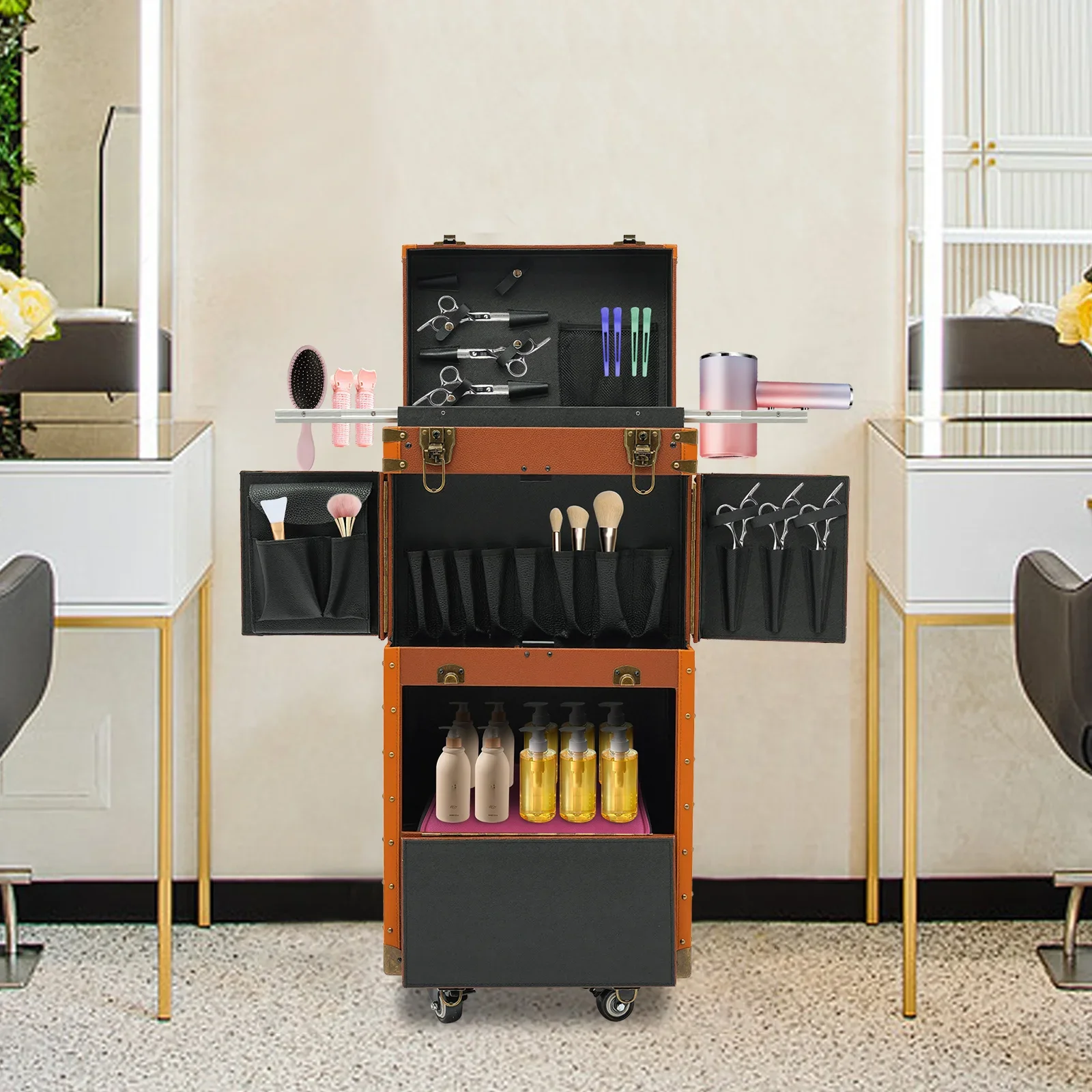 Stylish Coffee-Tone Punk Hairdressing Case – Mobile Password Lock, Durable Tool Organizer for Salon Professionals