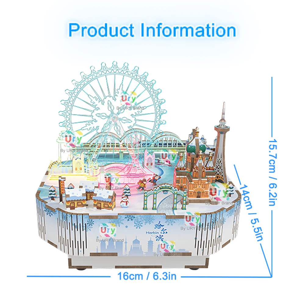 Ury 3D Wooden Puzzles Ice Amusement Park Led Rotatable Ferris Wheel Music Box Church Model Kit Assembly DIY Toy Gift for Adult