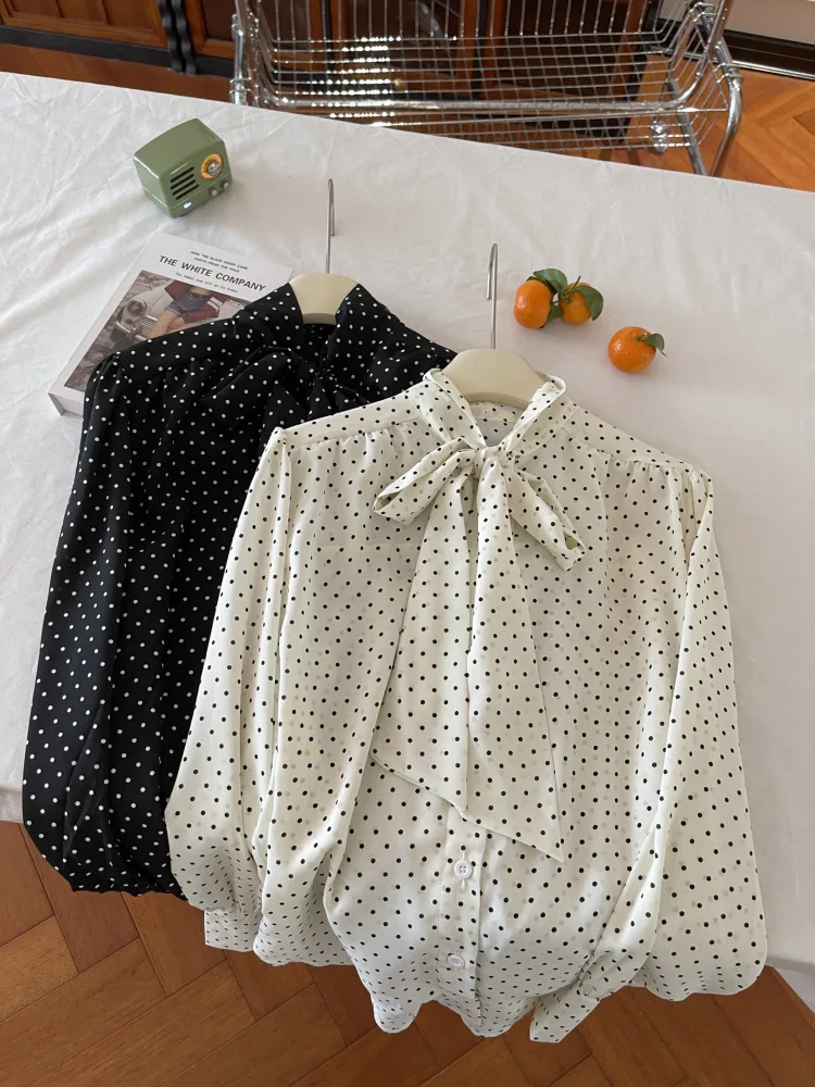 

Женская блузка в французском стиле с принтом в горошек, на шнуровке, с длинным рукавом, на одной пуговице, тонкая, для весны и лета, в стиле ретро