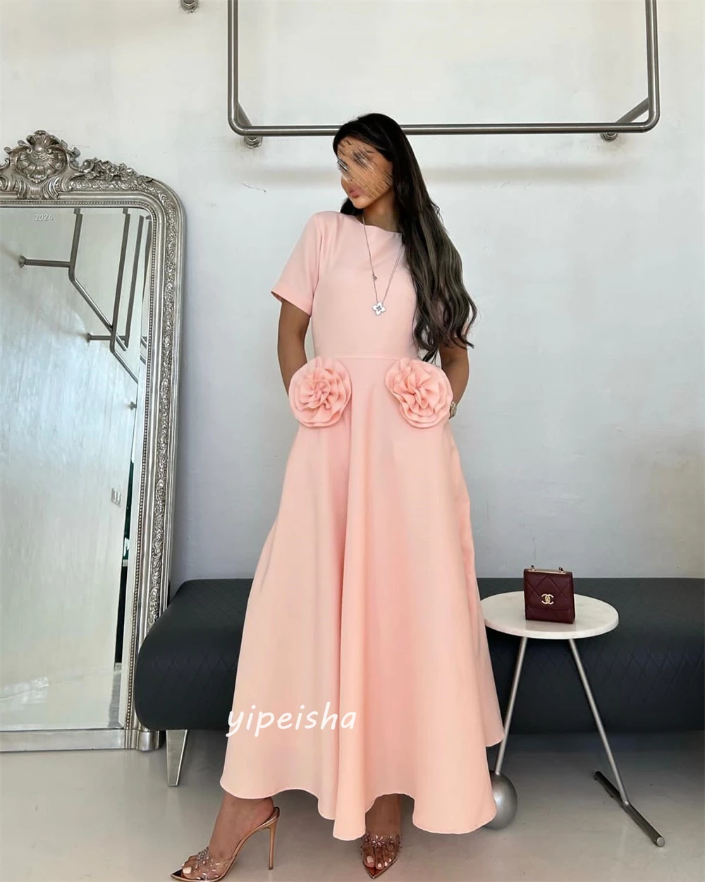 Prom Dress Yipeisha Classic Modern Style Formal Evening O-Neck A-line Flowers Draped Satin Bespoke Occasion Dresses Saudi Arabia