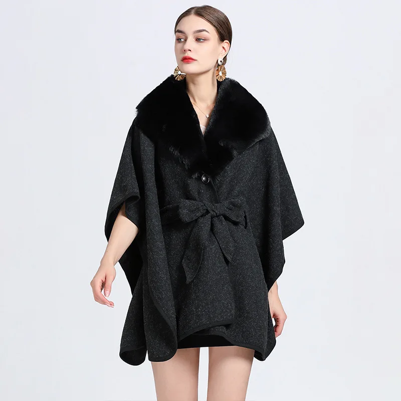 

Autumn Winter New Imitation Otter Rabbit Fur Collar Knitted High-grade Imitation Wool Coat Poncho Lady Capes Cloaks